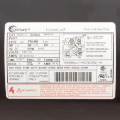 Pool Pump Motor, Century, 1.0hp, 115/230v, 1-Spd, 56YFr, SQFL, Uprate -Clean Pool Supply 230v 1 Spd 56YFr SQFL Uprate 2