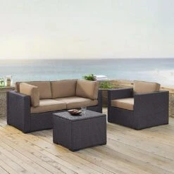 Crosley - Biscayne 4 Piece Wicker Set With Mocha Cushions - Two Corner Chairs, Arm Chair & Coffee Table -Clean Pool Supply Biscayne 4 Piece Wicker Set with Two Corner Chairs One Arm Chair Coffee Table 35