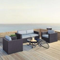 Crosley - Biscayne Mocha 5-Piece Wicker Set With 2 Armchairs, 2 Corner Chairs And Fire Pit -Clean Pool Supply Biscayne 5 Piece Wicker Set with 2 Armchairs 2 Corner Chairs and Fire Pit 7