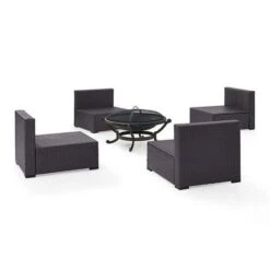 Crosley - Biscayne 5-Piece Wicker Set With 4 Chairs, Mocha Cushions & Firepit -Clean Pool Supply Biscayne 5 Piece Wicker Set with 4 Chairs Ashland Firepit 14