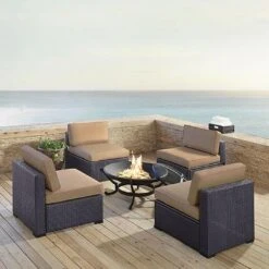Crosley - Biscayne 5-Piece Wicker Set With 4 Chairs, Mocha Cushions & Firepit -Clean Pool Supply Biscayne 5 Piece Wicker Set with 4 Chairs Ashland Firepit 16
