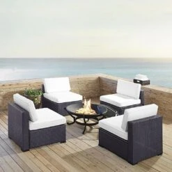 Crosley - Biscayne 5-Piece Wicker Set With 4 Chairs, Mocha Cushions & Firepit -Clean Pool Supply Biscayne 5 Piece Wicker Set with 4 Chairs Ashland Firepit 17