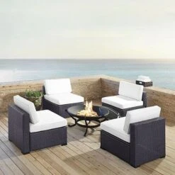 Crosley - Biscayne 5-Piece Wicker Set With 4 Chairs, White Cushions & Firepit -Clean Pool Supply Biscayne 5 Piece Wicker Set with 4 Chairs Ashland Firepit 2