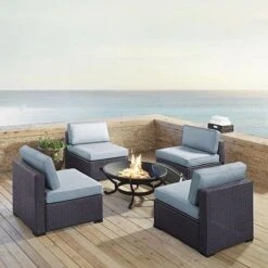 Crosley - Biscayne 5-Piece Wicker Set With 4 Chairs, White Cushions & Firepit