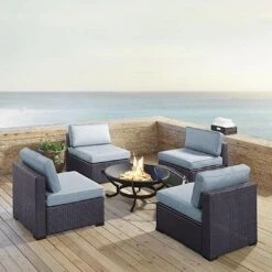 Crosley - Biscayne 5-Piece Wicker Set With 4 Chairs, Mist Cushions & Firepit -Clean Pool Supply Biscayne 5 Piece Wicker Set with 4 Chairs Ashland Firepit 25