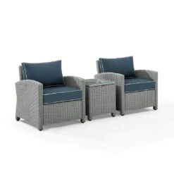 Crosley - Bradenton 3-Piece Outdoor Wicker Armchair Set, Navy -Clean Pool Supply Bradenton 3 Piece Outdoor Wicker Armchair Set Navy 8