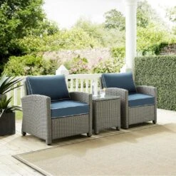 Crosley - Bradenton 3-Piece Outdoor Wicker Armchair Set, Navy -Clean Pool Supply Bradenton 3 Piece Outdoor Wicker Armchair Set Navy 9