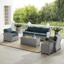 Crosley - Bradenton 5-Piece Outdoor Wicker Sofa Set, Navy -Clean Pool Supply Bradenton 5 Piece Outdoor Wicker Sofa Set Navy 3