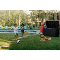 Keter - Java XXL 230 Gallon Resin Rattan-Style Outdoor Storage Deck Box, Brown -Clean Pool Supply Java XXL 230 Gallon Resin Rattan Style Outdoor Storage Deck Box Brown 6