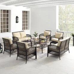 Crosley - Tribeca 8-Piece Outdoor Wicker Conversation Set, Brown -Clean Pool Supply Tribeca 8 Piece Outdoor Wicker Conversation Set Brown 12