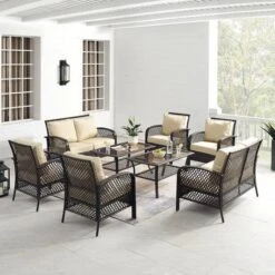 Crosley - Tribeca 8-Piece Outdoor Wicker Conversation Set, Brown -Clean Pool Supply Tribeca 8 Piece Outdoor Wicker Conversation Set Brown 2