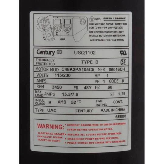 Century A.O. Smith - USQ1102 Square Flange 1 HP Up-Rated 48Y Pool Filter Motor 5 Century A.O. Smith - USQ1102 Square Flange 1 HP Up-Rated 48Y Pool Filter Motor - Image 3