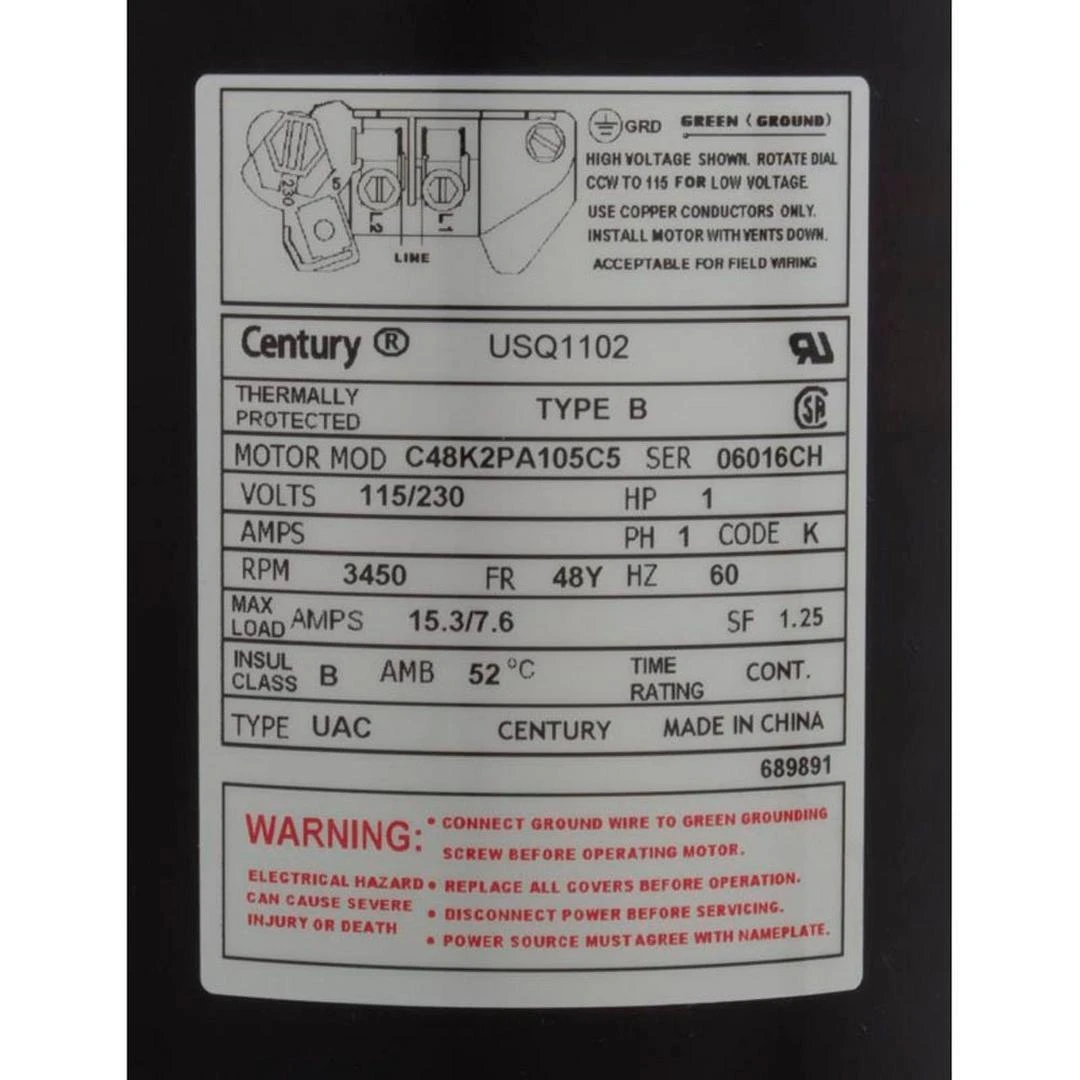 Century A.O. Smith - USQ1102 Square Flange 1 HP Up-Rated 48Y Pool Filter Motor 11 Century A.O. Smith - USQ1102 Square Flange 1 HP Up-Rated 48Y Pool Filter Motor - Image 9