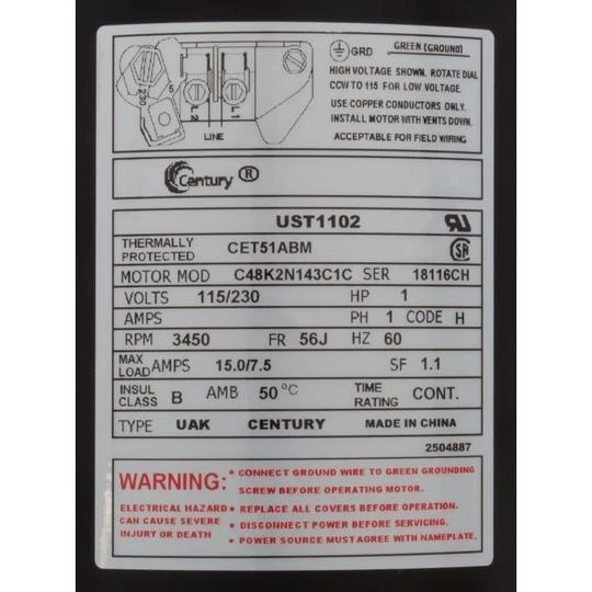 Century A.O. Smith - UST1102 C-Face 1 HP Up-Rated 56J Pool And Spa Pump Motor 5 Century A.O. Smith - UST1102 C-Face 1 HP Up-Rated 56J Pool And Spa Pump Motor - Image 3