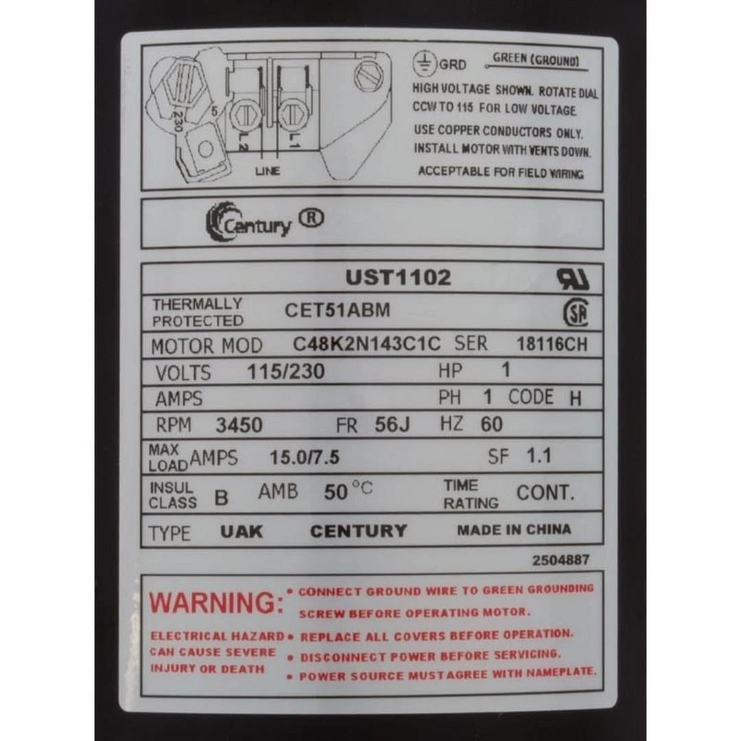 Century A.O. Smith - UST1102 C-Face 1 HP Up-Rated 56J Pool And Spa Pump Motor 10 Century A.O. Smith - UST1102 C-Face 1 HP Up-Rated 56J Pool And Spa Pump Motor - Image 8
