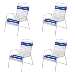 Windward Design Group - Classic Blue/White Vinyl Strap Dining Chair, 4-Pack -Clean Pool Supply White Vinyl Strap Dining Chair 4 Pack 2