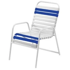 Windward Design Group - Classic Blue/White Vinyl Strap Dining Chair, 4-Pack -Clean Pool Supply White Vinyl Strap Dining Chair 4 Pack 3